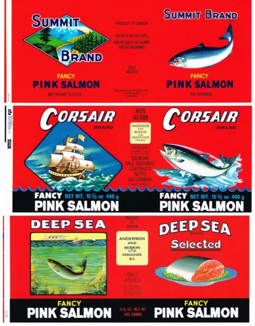3 Tin Can Labels Vintage Salmon Original Vancouver Canada 1960S  70S Nice Images