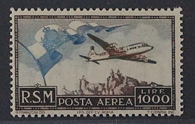 1951, SAN MARINO 462 ** Flugpost 1000 Lire, postfrisch, Top-Qualität, 700,-€