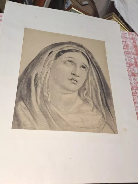 Disegno Antico A Matita E  Carboncino Epoca 800 .volto madonna