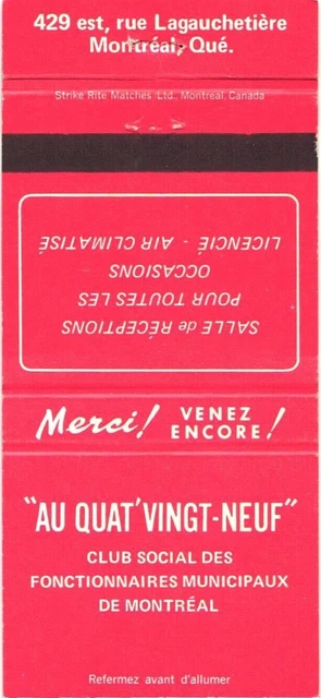 Montreal Quebec Canada Au Quat Vingt-Neuf Social Club Vintage Matchbook Cover