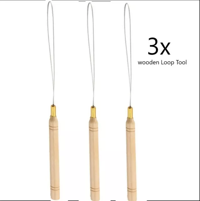 3x Professional Hair Extensions Micro beads pulling hook LOOP TOOL wooden handle