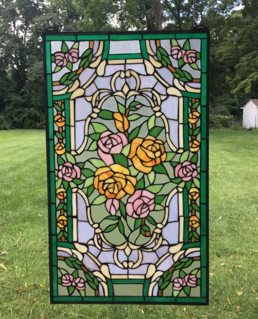 Rose Flower Handcrafted stained glass window panel,  20" x 34"