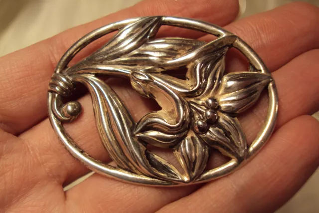 vintage Lily flower floral swirl design oval pin brooch sterling silver signed