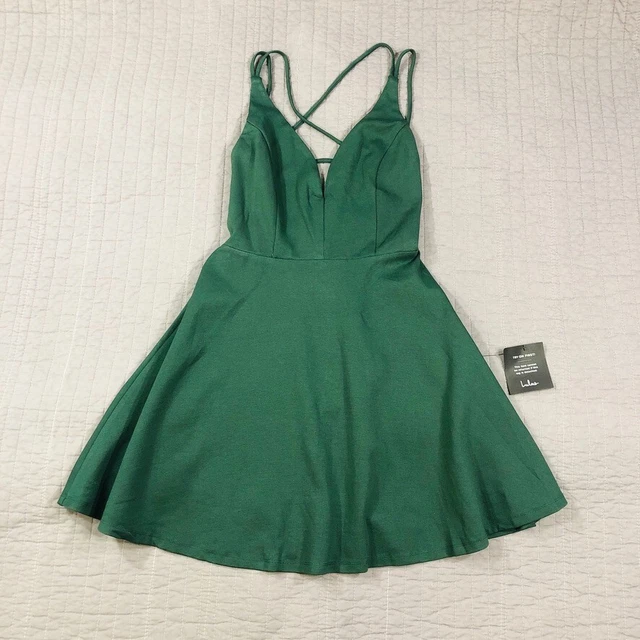 Lulus Dress Women Medium Green Fit Flare Skater Strap Back Stretch Short NWT