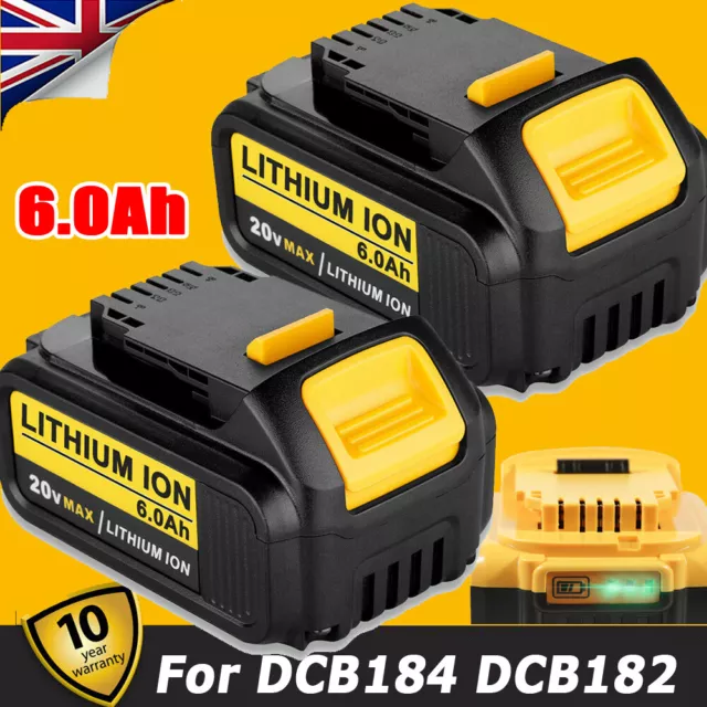 2 x For Dewalt 18V Battery 6.0Ah XR Slide 20V DCB184 DCB183 DCB182 DCB180 DCF885