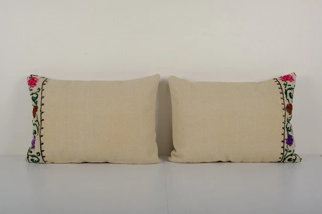 Set of Two Floral Design Turkish Anatolian Kilim Pillow cover, Pair Organic Case