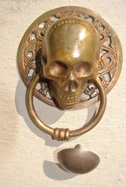 large round SKULL head ring pull Handle BRASS 4" day of the dead door KNOCKER B