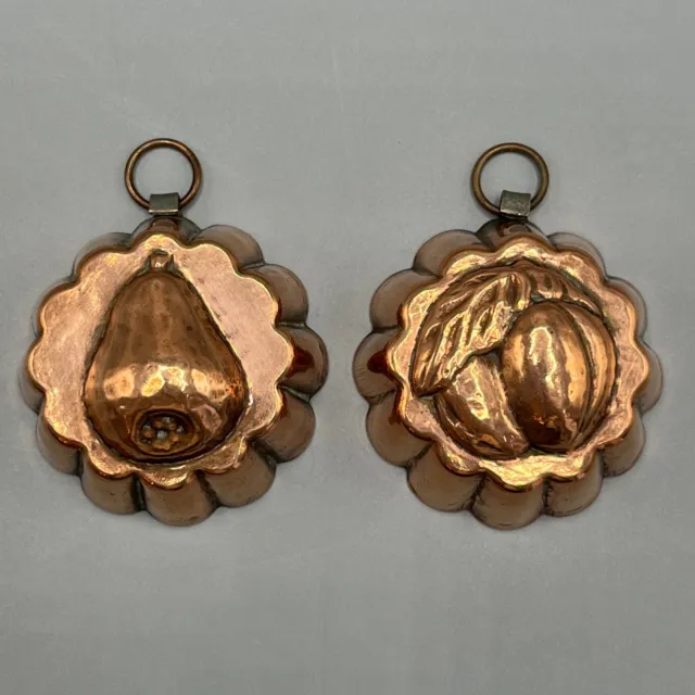 Pair Antique Copper Moulds Chocolate / Miniature Jelly Hanging Hooks Small Vtg