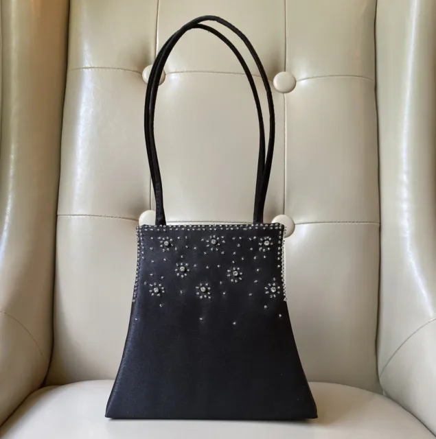 Black Satin Beaded Rhinestone Evening Bag Unique Shape Snap Closure Handbag