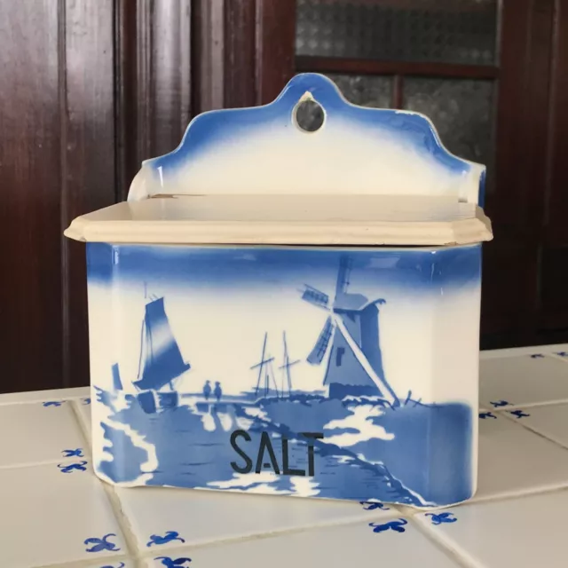SALT BOX CELLAR Blue & White Windmill & Wood Lid Delft Czechoslovakia Ceramic SALT BOX CELLAR Blue & White Windmill & Wood Lid Delft Czechoslovakia Ceramic