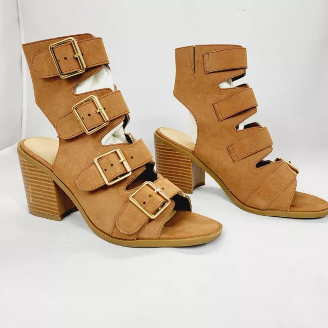 Women's Size 7M Brown Suede Wedge Strappy Gladiator Block High Heels Gold Buckle