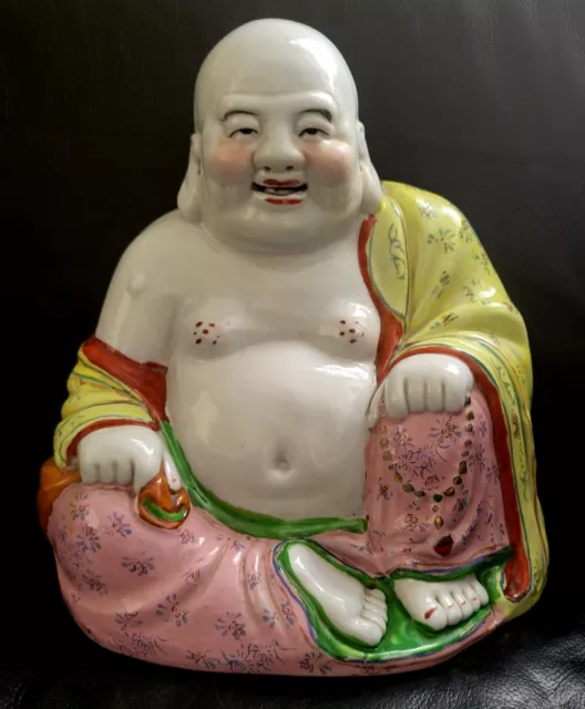 Chinese Happy Buddha Statue Famille Rose Large 10" Immortal Rare Quality Marked!