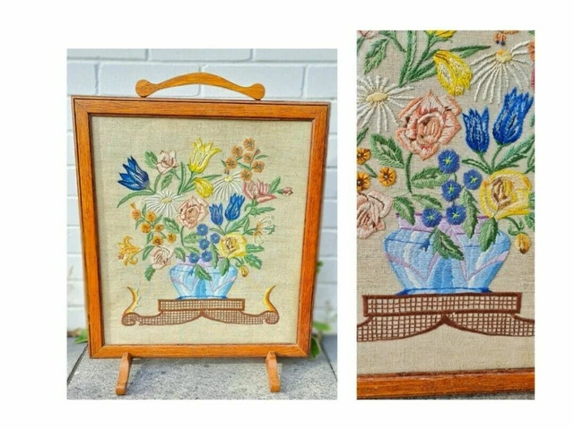 Protector de pantalla contra incendios de madera de colección, tapiz, floral, Art Deco de mediados de siglo