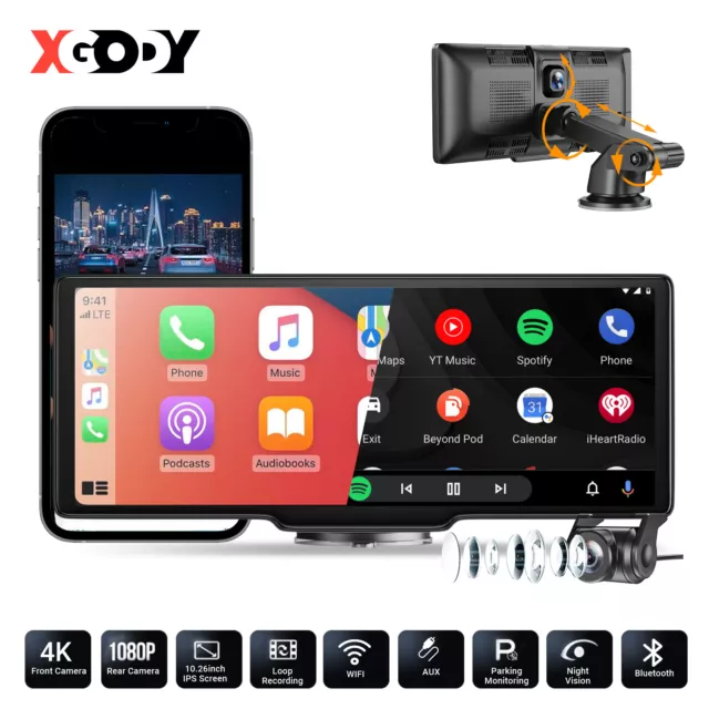 XGODY 10.26 inch Dash Cam Car Stereo DVR Wireless Apple CarPlay Android Auto BT