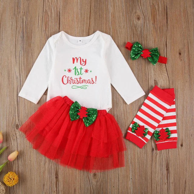 Romper abito natalizio neonate + gonna tutù + scalda gambe + set fascia