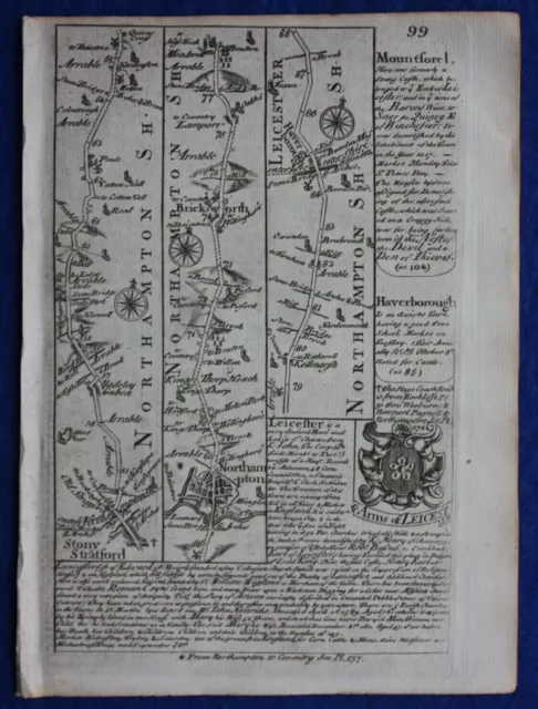 NORTHAMPTON, LEICESTER, KEGWORTH, DERBY, original antique road map, Bowen, 1759