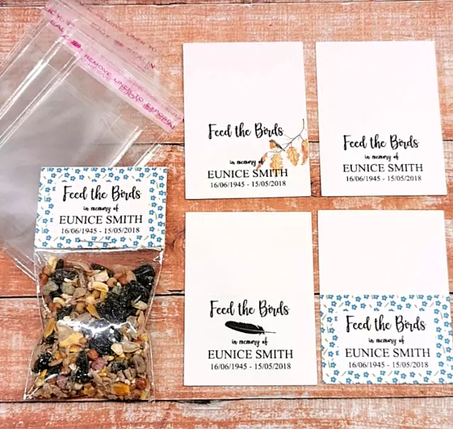 10x Funeral Favours Feed The Birds In Memory of Any Name FAI DA TE AGGIUNGI IL TUO SEME