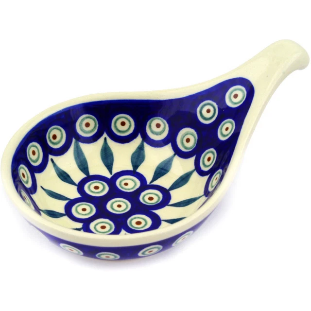 Polish Pottery Condiment Dish 7" Peacock Leaves