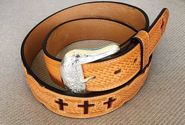 Western Ranger Belt Tan Leather Cowhide Hair Crosses Basket Weave Snap-On Buckle