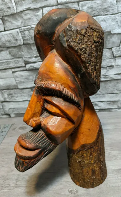 Vintage 13" Carved Wood Head Bust Tribal Folk Art Carving Sculpture African