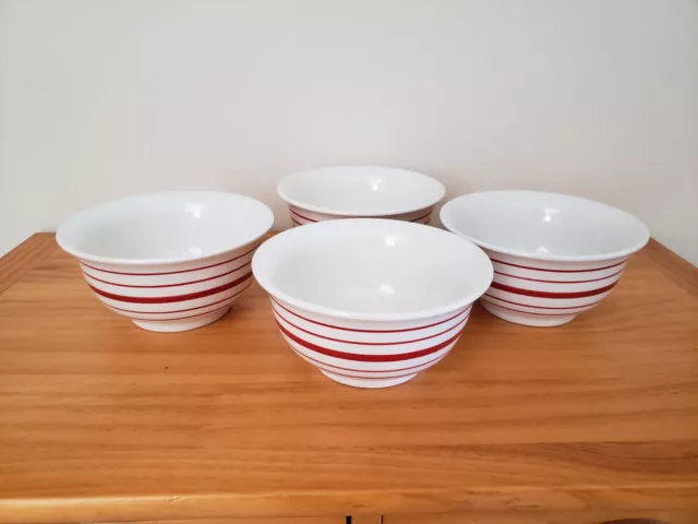 Set of 4 Mainstays Collection White Red Strips Stoneware Soup Cereal Bowls 6"x3"