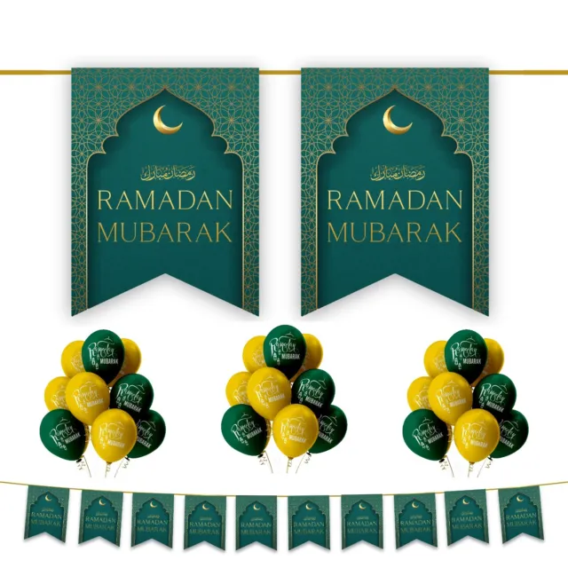 Ramadan Mubarak 20pc Decoration Set - Balloons Bunting Banner (Green & Gold) '24