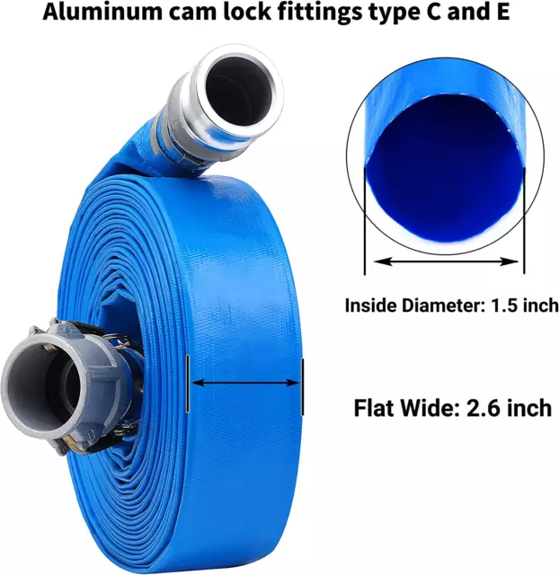1-1/2" X 100Ft PVC Lay Flat Discharge Hose with Aluminum Camlock C & E Fittings, 3