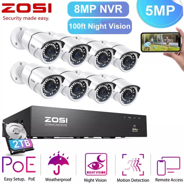 ZOSI 4K 8CH 2TB HDD PoE NVR CCTV Security 5MP Camera System 100ft Night Outdoor