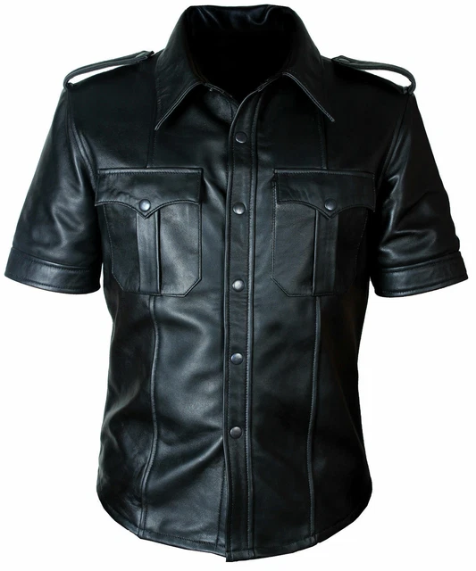 Mens Brown Genuine Leather Police Shirt – Uniform Style, Classic Fit, Tactical, Cosplay, Premium Fashion - Pshs-Brw