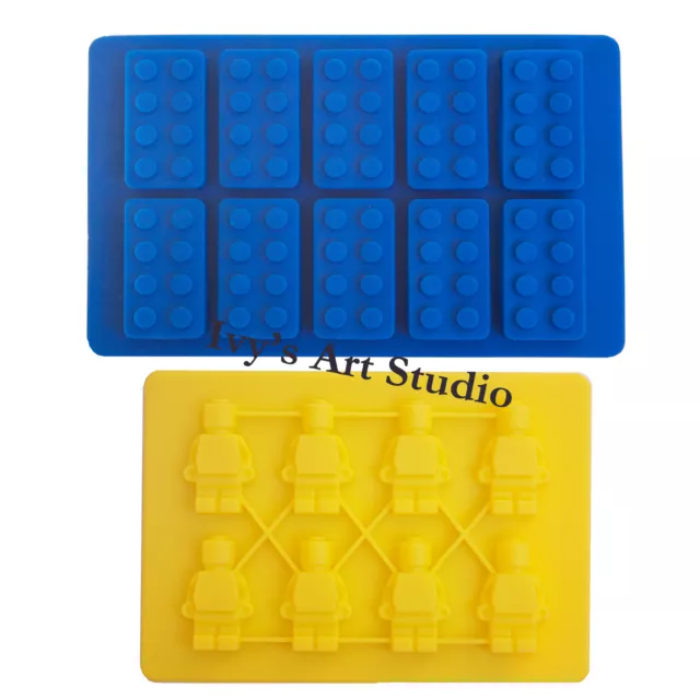 Set of 2 Ice Cube Tray Lego Type Toy Brick & Mini-figure Man Silicone Mould