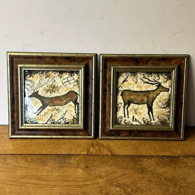 Pair Of Vintage Hand Painted Framed Ceramic Tiles Deer