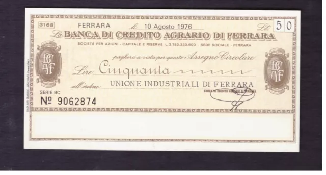 Miniassegno Banca Credito Agrario di Ferrara Unione Industriali 50 L 10-8-1976