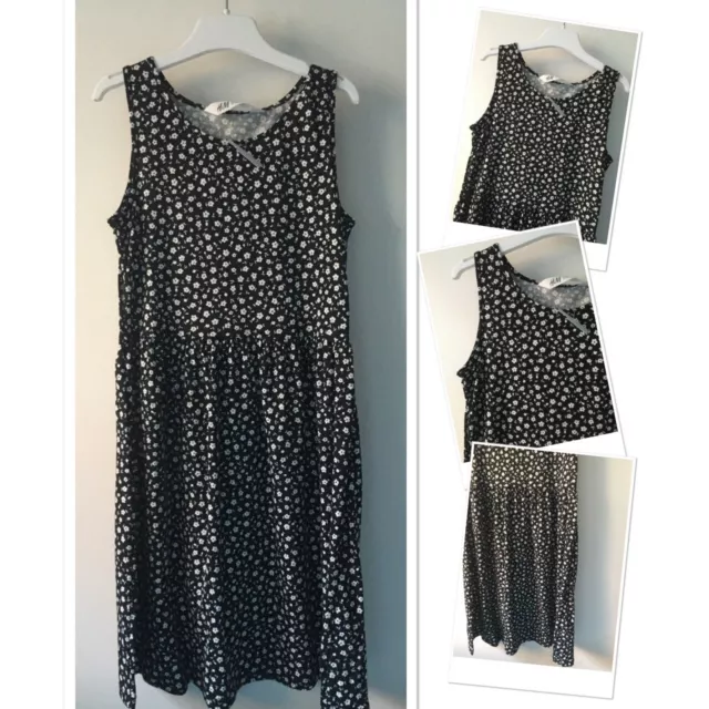H&M New Tags Girls Black Ditsy Floral Sun Dress 8-9 9-10 Height 134-140cm