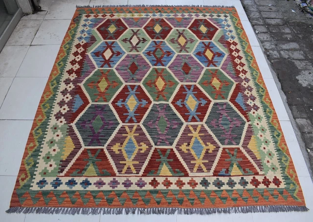 5'5 x 6'7 Vintage handmade afghan tribal ghalmouri kilim rug, Persian rug 5x7