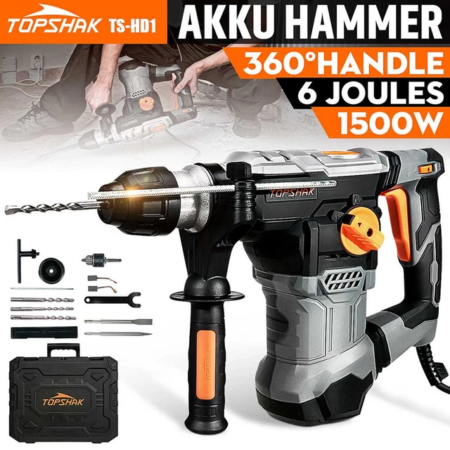 Heavy Duty Rotary Hammer Drill Safety Clutch 6 Speed Chisels & Drill Bits 1500 W