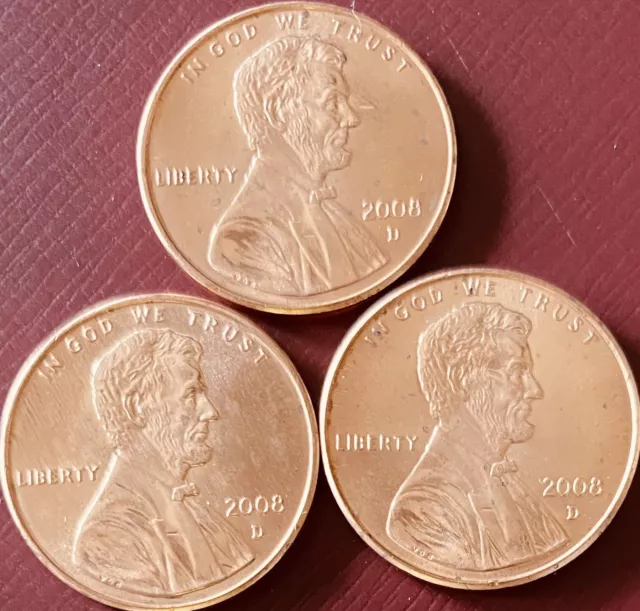 2008 D Lincoln Memorial Penny, Cent. BU Coin - Lot Of Three