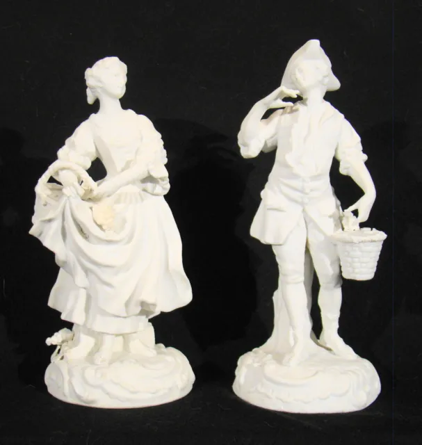 Rare Pair Antique Signed Sevres Bisque Figurines of Grape Gatherers 9"h