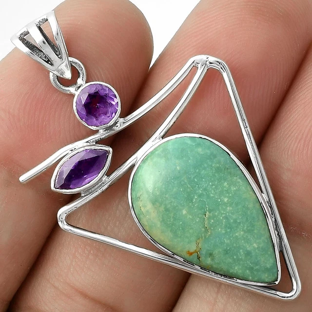 Natural Turquoise Nevada Aztec Mt & Amethyst 925 Sterling Silver Pendant P-1025