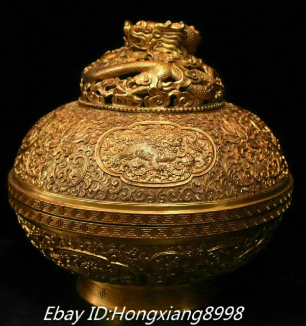 9'' Old China Bronze 24K Gold Fengshui Dragon lion Pattern Incense Burner Censer