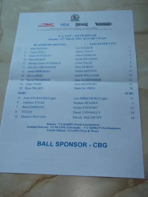 BLACKBURN ROVERS v LEICESTER CITY 13.03.05 FA CUP TEAM SHEET