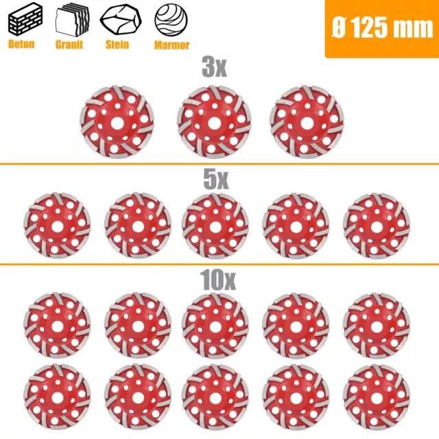 3/5/10 Diamante Disco Abrasivo Doppia Fila Turbo Cemento Ø 125mm Rosso