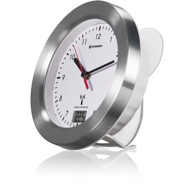Horloge Salle De Bain Bresser MyTime - Affichage Température Et Heure Radio-Pilotée - Cadre Aluminium | Blanc/Argenté