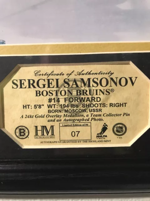 Boston Bruins Autographed Sergei Samsonov Photo 24k Gold Coin & Pin LE 7/99 WS24 3
