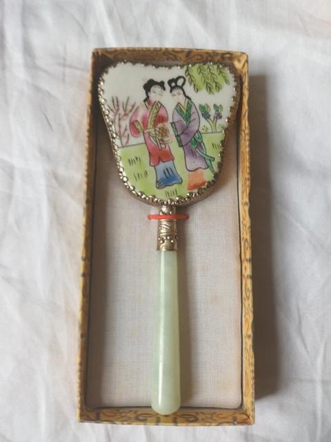 Vintage Japanese Asian Porcelain Jade Hand held Mirror Ceramic Hand Painted