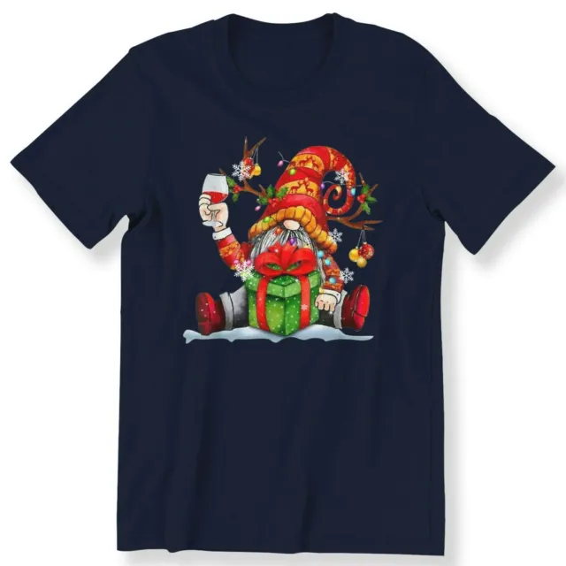 Santa Reindeer Gnome Drinking Wine Men's Ladies T-shirt Festive X-mas Gift Top