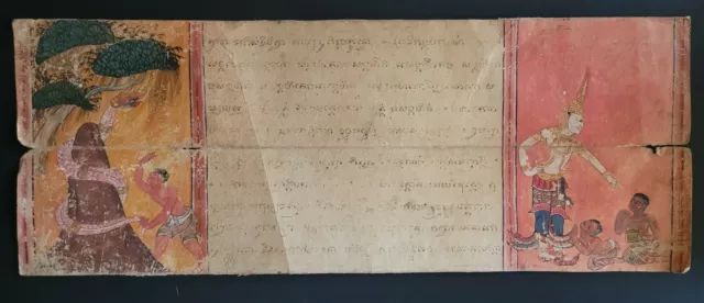 Antique Thai Illuminated Buddhist Manuscript Folded Paper Bhuridatta Jataka 26"