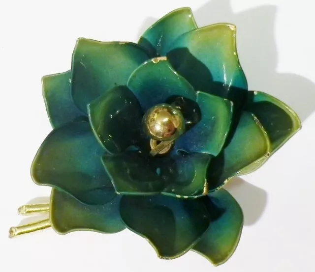 broche bijou vintage fleur relief émail verte et couleur or en relief * 3958