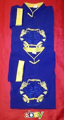 2 PC LOT BOY GIRL Chinese Traditional Silk BLUE GOLD Embroidered SHIRT SZ 9/10