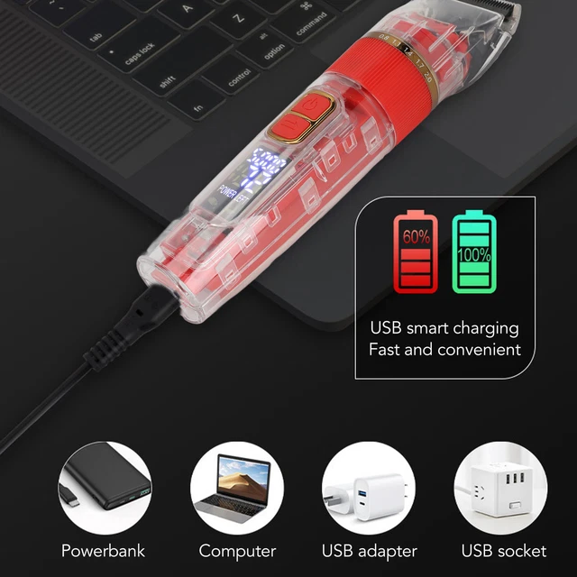 Red Transparent Electric Hair Trimmer Adjustable LED Digital Display USB Rec Dob