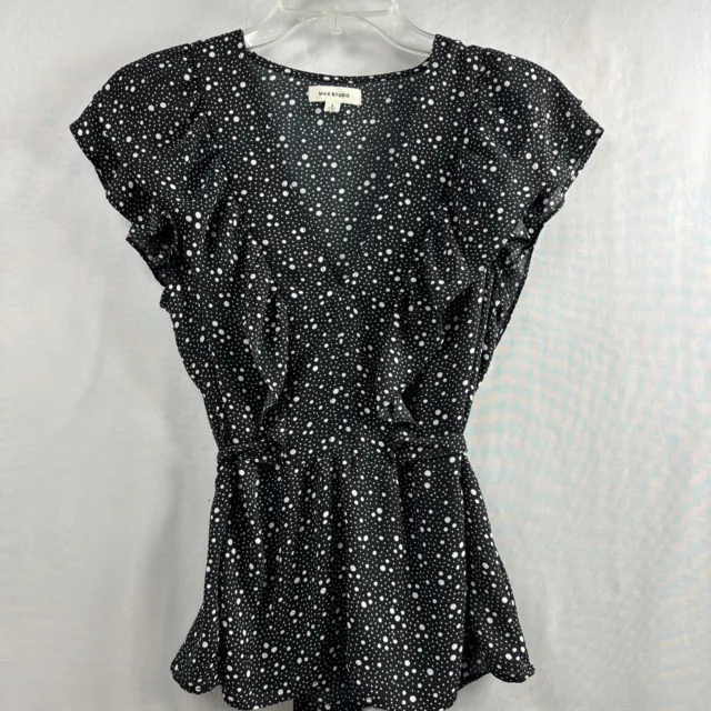 Max Studio Top Womens Small Blouse Flutter Sleeve Black White Polka Dot Ruffle